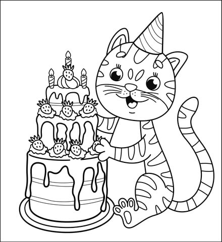 Happy Birthday With Cat Coloring Page